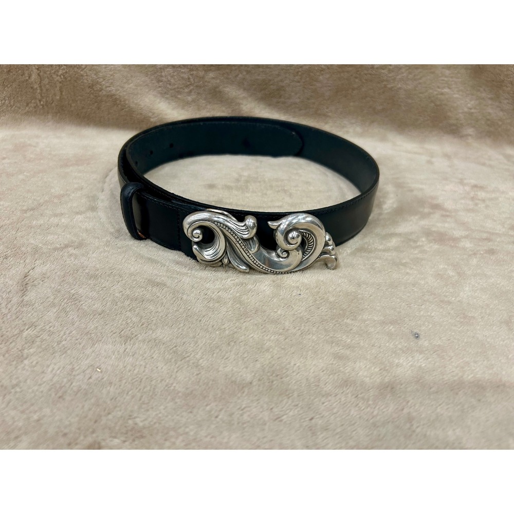 Vintage Brighton Black Leather Belt Size M Ornate Silver Swirl Buckle 6306604